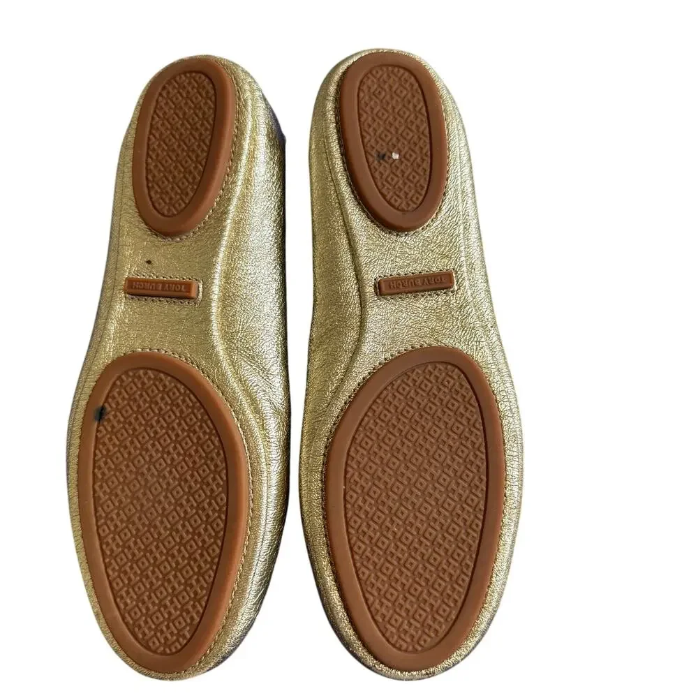 Tory Burch Minnie Travel Ballet Flats Gold Metallic Leather Size 5.5